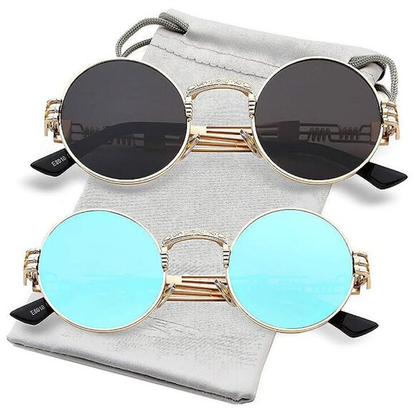 Round Steampunk Sunglasses 2 Pack (Gold/Grey, Gold/Ice Blue Mirror)